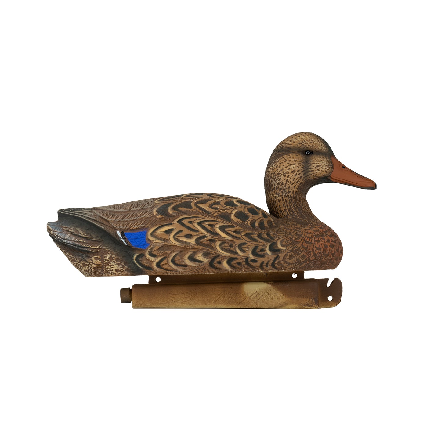 Mallard hen decoy side angle image. 