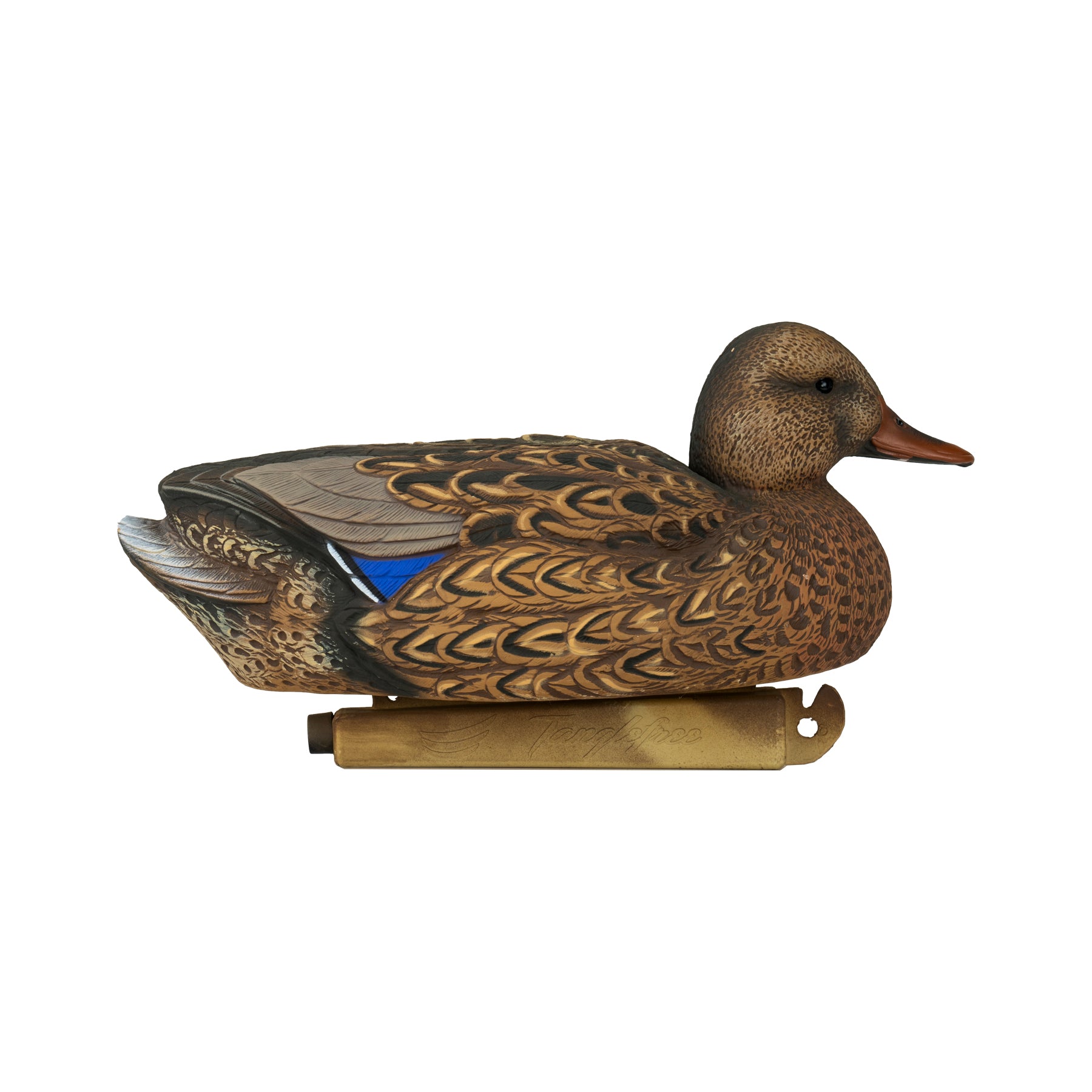 Mallard hen decoy side angle image.